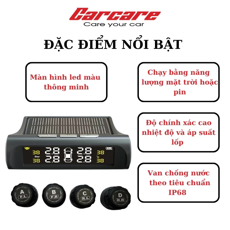 Cảm biến áp suất lốp TPMS Carcare màn hình led màu van ngoài