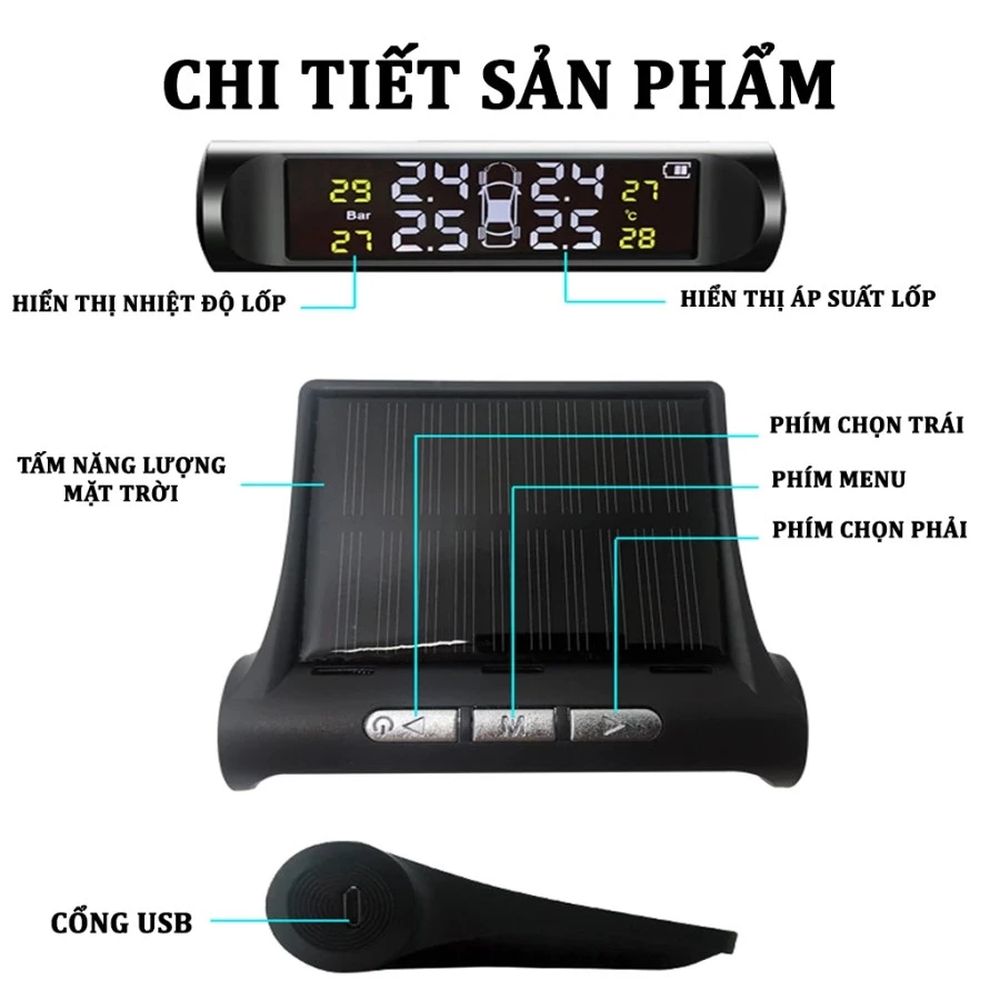 Cảm biến áp suất lốp TPMS Carcare màn hình led màu van ngoài