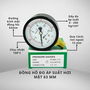 Đồng hồ đo áp suất hơi mặt 63mm, chân ren dưới (chân đứng)