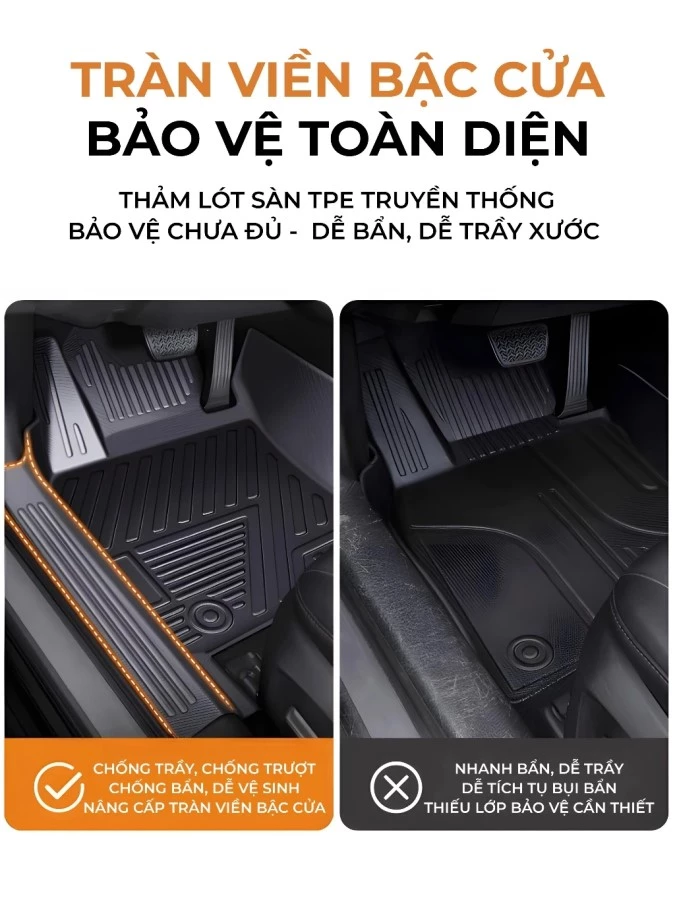 Thảm lót sàn ô tô TPE tràn viền bậc cửa, bao trọn thành xe