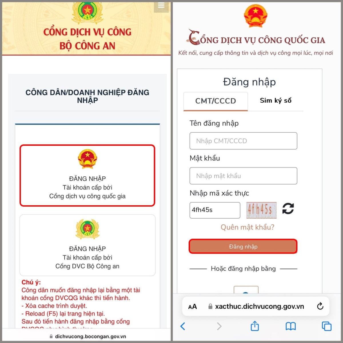 Bước 1 - Đăng nhập tài khoản dịch vụ công