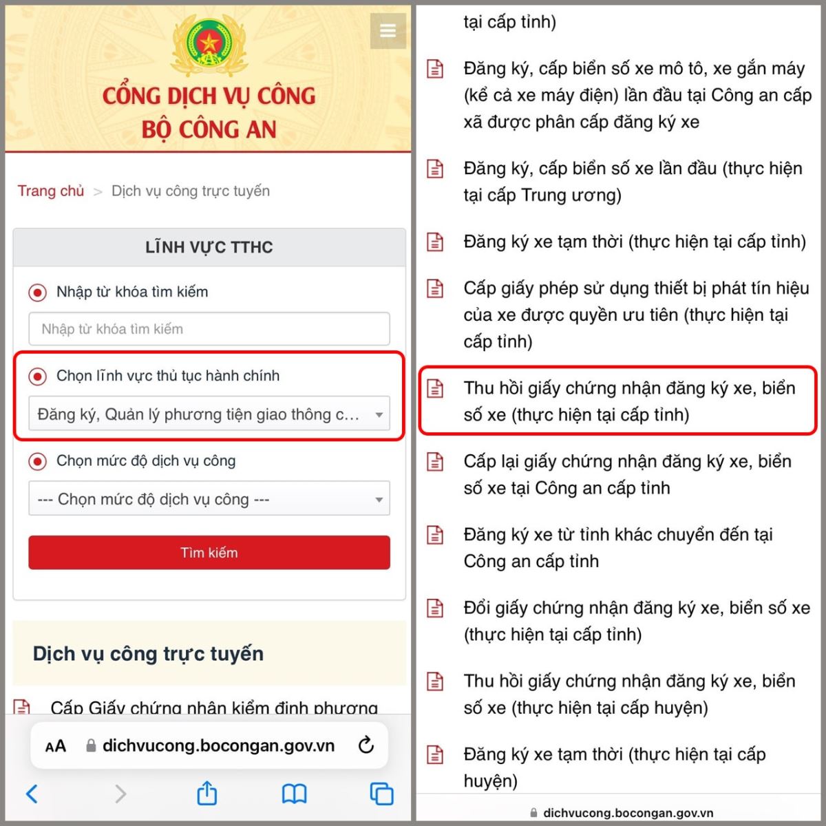 Bước 3 - Chọn thu hồi đăng ký xe, biển số xe